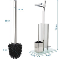 1 x RAW Customer Returns Free Standing Toilet Roll Holder And Toilet Brush - In Polished Chrome Toilet Paper Holder And Toilet Brush - Toilet Roll Holder Without The Need For Drilling - In Brushed Stainless Steel And Glass Base - 32X20X70 cm - RRP €44.99