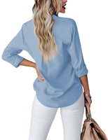 1 x RAW Customer Returns Homlan Women s V-Neck Long Sleeve Stylish Casual Button Up Shirt Solid Color with Chest Pocket - Light Blue, M - RRP €29.99