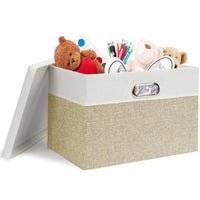 5 x Brand New Febzoce Storage Box with Lid Small Foldable Fabric Storage Cube Basket Trash can Organizer Light Brown White, Small, 34 x 25 x 18 cm, 3 Pack - RRP €151.2