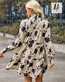 4 x Brand New BebreezChic Women s Dresses Floral Turtleneck Long Sleeve Autumn Dress Loose Empire Waist Pleated A-Line Mini Dresses Elegant Party Dress Beach Dress Cocktail Dress Beige S - RRP €99.4