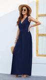 1 x RAW Customer Returns AUSELILY Maxi Dress Women Summer Sleeveless Dress Long Elegant Deep V-Neck Evening Dress with Pockets Navy Blue 2XL - RRP €38.99