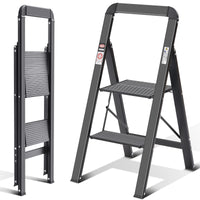 1 x RAW Customer Returns KINGRACK Ladder 2 Folding Steps, Aluminum Ladder with Handrail, with Safety Protection Device. Non-slip steps, Maximum 150kg, Black - RRP €46.37