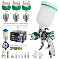 1 x RAW Customer Returns Potufa HVLP paint spray gun kit with 3 nozzles - 1.4mm 1.7mm 2.0mm, professional paint spray gun compressed air gravity sprayers with 600 ml plastic cup green  - RRP €48.99