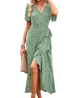 1 x RAW Customer Returns BebreezChic Summer Dress Women Long Boho Floral Short Sleeve V-Neck Elegant Wrap Dress Beach Dress Maxi Dress with Belt, Green S - RRP €39.64