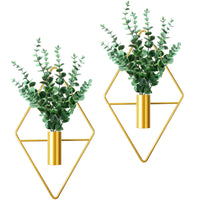 1 x RAW Customer Returns Cindeer 2 wall vases in diamond shape with artificial aquatic plants, metal hanging basket for plants indoors, geometric modern flower pot for hanging for apartment, living room, office golden, eucalyptus  - RRP €19.43