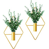 1 x RAW Customer Returns Cindeer 2 wall vases in diamond shape with artificial aquatic plants, metal hanging basket for plants indoors, geometric modern flower pot for hanging for apartment, living room, office golden, eucalyptus  - RRP €19.43