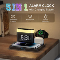 1 x RAW Customer Returns Wireless Charger Station, 5 in 1 alarm clock with wireless charging station, 7 night lights, inductive cell phone charger for iPhone 15 14 13 12 11 Pro Max Samsung, Apple Watch 9 8 7 6 SE, AirPods Pro 3 2 1 - RRP €49.18