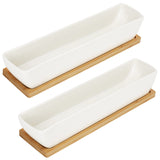 1 x RAW Customer Returns BELLE VOUS Rectangular White Ceramic Decorative Flower Pots with Bamboo Tray Pack of 2 24 x 5.5 x 4 cm - Indoor Outdoor Decorative Flower Pots Pots for Plants at Home, Office, Desk - RRP €25.99