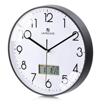 1 x RAW Customer Returns Lafocuse Silent Wall Clock with Calendar Digital LCD, Modern Wall Clock with Date Day of the Week and Thermometer, Black Analog Quartz Clock for Living Room Bedroom Office Kitchen 30cm - RRP €22.55