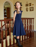 1 x RAW Customer Returns Arshiner Girl s Dress Solid Color Wave Sleeve Mesh A Line Skater Dress Party Dress with 2 Side Pockets Casual Summer Dresses 11-12T Navy Blue 150 - RRP €25.69