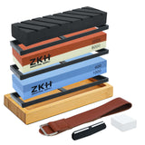 1 x RAW Customer Returns ZKH Whetstone Set, Grit 400 1000 and 3000 8000 Professional Whetstone, Non-Slip Bamboo Base, Silicone Holder, Angle Guide and Razor Leather, 10 Pieces - RRP €20.4