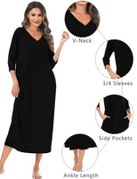 1 x RAW Customer Returns Leversic Women s Nightgown V-Shaped Nightgowns in Cotton with Pockets, Women s Clothes Comfortable Loose Solid Color Homewear 3 4 Long Sleeve XXL Black - RRP €22.18