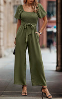 1 x RAW Customer Returns Toplop Jumpsuit Women Elegant Summer Pantsuit with Square Neckline and Belt Short Sleeve Puff Sleeves Wide Trouser Leg 362 Olive Green Small - RRP €60.11