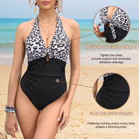 1 x RAW Customer Returns UMIPUBO One Piece Swimsuit Women Push Up High Waist One Piece Swimwear Sexy V Neck Swimsuit One Piece Tummy Control Beach Padded Beachwear Halter Swimwear Leopard Print, XL  - RRP €34.99