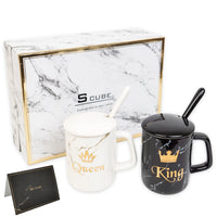 1 x RAW Customer Returns S CUBE King Queen Coffee Cups Marble, Wedding Gift Couples Gift Cups Set Coffee Mug Set Ceramic 350ml with Luxury Gift Box and Gift Card - RRP €31.87