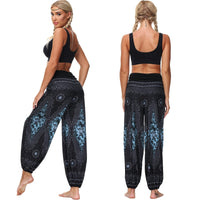 1 x RAW Customer Returns Nuofengkudu Unisex Women Baggy Hippie Harem Long Pants High Waist Boho Flower Print Thai Indian Bloomers Yoga Pants Casual Summer Beach Blue Black,XL  - RRP €24.98