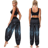 1 x RAW Customer Returns Nuofengkudu Unisex Women Baggy Hippie Harem Long Pants High Waist Boho Flower Print Thai Indian Bloomers Yoga Pants Casual Summer Beach Blue Black,XL  - RRP €24.98