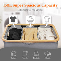 1 x RAW Customer Returns Lifewit 150L laundry basket with lid, laundry collector with lid, laundry basket laundry sorter 3 compartments, laundry sorting system laundry baskets with bamboo handles and 3 removable laundry bags, light grey - RRP €44.44