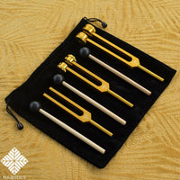 1 x RAW Customer Returns Professional Medical Tuning Fork 128Hz, 256hz, 512hz Pack of 3 in Golden Aluminum, for Yoga Meditation Sound Therapy, Instrument with Hammer and Case Included - RRP €26.1