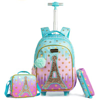 1 x RAW Customer Returns Wenlia School Backpacks with Wheels, Pencil Case, Lunch Bag 3 in 1 School Backpack Set, Girls Trolley Backpack Eiffel Tower, School Bag for Kids Gift School - RRP €74.77