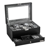 1 x RAW Customer Returns VASIHO 10 Compartment Watch Box, 2 Tier Watch Storage Box, Glass Lid, 1 Drawer, for Cufflinks, Rings, Bracelets, Gift Idea, Gray Leatherette Exterior SSH003H - RRP €34.27