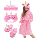 1 x RAW Customer Returns Piefry Soft Unicorn Hooded Bathrobe for Girls with Unicorn Slippers, Blindfold and Headband - Gifts for Girls Rose Stars, 5-6 Years  - RRP €34.99