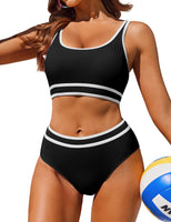 1 x RAW Customer Returns AI MAGE Bikini Women Set Tummy Control Swimsuit High Waist Ribbed Bikini Push Up Swimwear Sporty, Black L - RRP €36.29