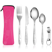 1 x RAW Customer Returns Vicloon Stainless Steel Cutlery Camping Cutlery Set of 6 Travel Cutlery Camping Stainless Steel with Fork, Spoon, Bottle Opener and Cutlery Bag, Stainless Steel Cutlery for Travel Camping Picnic Rose Red Star  - RRP €6.4