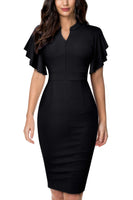 1 x RAW Customer Returns HOMEYEE Women s Elegant V-Neck Ruffle Sleeve Stretch Party Dress B572 M, Black  - RRP €36.99