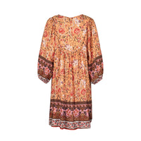 1 x RAW Customer Returns OYIGELZ Summer Dress Women s Tunic Dress 3 4 Sleeve V Neck Lace Up Fringe Floral Print Boho Women s Dress Floral Dress Evening Dress Ruffle Beach Dress Cocktail Dress S, Orange  - RRP €23.58