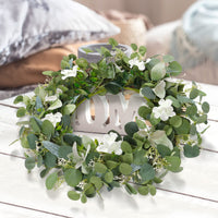 1 x RAW Customer Returns Weldomcor Wreath Artificial Eucalyptus, Artificial Eucalyptus Wreaths for the Front Door Wreath 50 cm Large Green Leaf Wreaths with White Flowers for Wedding Door Party Window Wall Garden Decoration - RRP €24.99