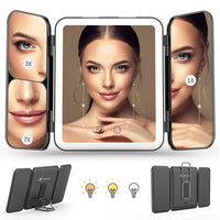 1 x RAW Customer Returns Travel mirror with LED light, portable make-up mirror, foldable cosmetic mirror, rechargeable table mirror with 1X 3X 7X magnification, dimmable touchscreen, 3 adjustable light colors - RRP €20.16