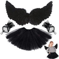 1 x RAW Customer Returns BARVERE Devil Costume Women Girls, 60CM Black Angel Costume Women Set with Skirt, Hand Embroidered Gloves and Wings, Black Angel Wings for Halloween Carnival - RRP €13.75