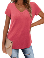 1 x RAW Customer Returns Amoretu Summer Tunic Women Elegant V Neck T-Shirt Wide Shirts Blouse Pink M - RRP €23.99