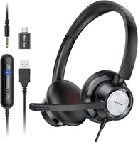 1 x RAW Customer Returns New bee headset with microphone, PC headset, adjustable microphone with noise reduction, headset USB Type-C 3.5mm, headphones for business teleconference calls Skype chat online courses black  - RRP €29.99