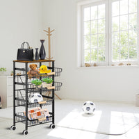 1 x RAW Customer Returns PEALOV Metal Storage Cart, Serving Cart with Wooden Top, 5-Shelf Cart, with Removable Basket, Mesh Tray, Lockable Wheels, for Kitchen, Bathroom, Living Room, Bedroom, Office - RRP €96.23