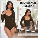 1 x RAW Customer Returns Durio Body Women s Elegant Body Long Sleeve V-Neck Bodysuit Women Sexy Slimming Top Body Brown S - RRP €21.67