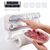 1 x RAW Customer Returns DBREAKS wall roll holder kitchen 3 rolls, kitchen roll holder magnetic, cling film cutter, cling film dispenser, aluminum foil dispenser, foil paper roll holder, with cling film - RRP €36.99