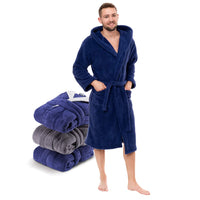 1 x RAW Customer Returns Twinzen Men s Long Microfiber Robe with Hood for Adults Medium, Dark Blue Clothing with OEKO TEX Certification - Robe with 2 pockets, Belt and Hoop - Soft and Comfortable - RRP €35.28