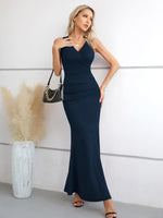 1 x RAW Customer Returns Laughido Maxi Dress Wrap Dress Party Dress Bodycon Evening Dresses Women Cocktail Dress Festive Elegant Long Wedding Summer Dress Navy Blue, Medium  - RRP €48.99