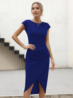 1 x RAW Customer Returns Missufe Elegant Wrap Dress Party Dress Figure-hugging Evening Dresses Women s Cocktail Dress Bodycon Midi Dress Summer Dresses Navy Blue, Large  - RRP €45.99