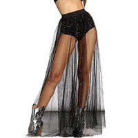 1 x RAW Customer Returns Festival outfit women, glitter skirt women s transparent mesh skirt sequins elastic tulle skirt high waist maxi skirt party music festival rave outfit - RRP €23.99