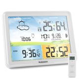 1 x RAW Customer Returns Kalawen  digital color display DCF radio clock indoor and outdoor weather station thermometer hygrometer radio weather station with weather forecast barometer and moon phase white  - RRP €50.12