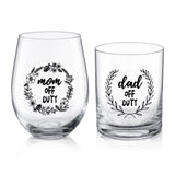 2 x Brand New Joeyan Handmade Mom Dad Off Duty 520ml Red Wine Glasses and 360ml Whiskey Glasses with Printed Decal,Gift for Mother s Father s Day Birthday Anniversary for Dad Mom - RRP €40.8