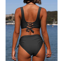 1 x RAW Customer Returns Jarseila Women s Ruched and Twisted Two Piece Swimsuit V-Neck Bikini Elegant Sexy Push Up Swimsuit Black M - RRP €36.99