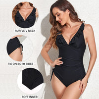 1 x RAW Customer Returns UMIPUBO Women s One-Piece Swimsuit V-Neck Ruffle One-piece Swimwear Push Up High Waist Tummy Control Bikini One-Piece Beach Swimwear Swimwear Black, M  - RRP €40.99