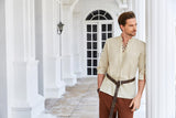 1 x Brand New Pirate shirt men s V-neck with drawstring 3 4 sleeves medieval Victorian shirt apricot M - RRP €30.99