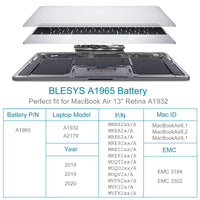 1 x RAW Customer Returns BLESYS A1932 A1965 Replacement Battery for MacBook Air 13 inch Retina A1932 2018-2019 A2179 2020 EMC 3184 EMC 3302 notebook Li-Polymer Battery 11.4V 49.9Wh  - RRP €65.88