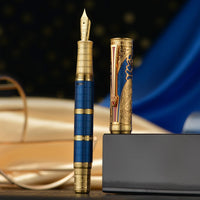 1 x RAW Customer Returns Hongdian D5 Qin Dynasty Fountain Pen Blue Gold, Extra Fine Nib Piston Filling Pen, Retro Chinese Totem Engraving Smooth Writing Fountain Pen with Pen Box Set - RRP €60.49