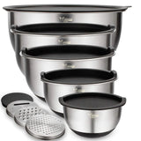 1 x RAW Customer Returns Mixing Bowls Set of 5, Wildone Stainless Steel with Airtight Lids, 3 Grater Attachments, Measuring Marks and Non-Slip Bases, Size 5, 3, 2, 1.5, 0.63 QT, Ideal for Mixing and Serving - RRP €36.43